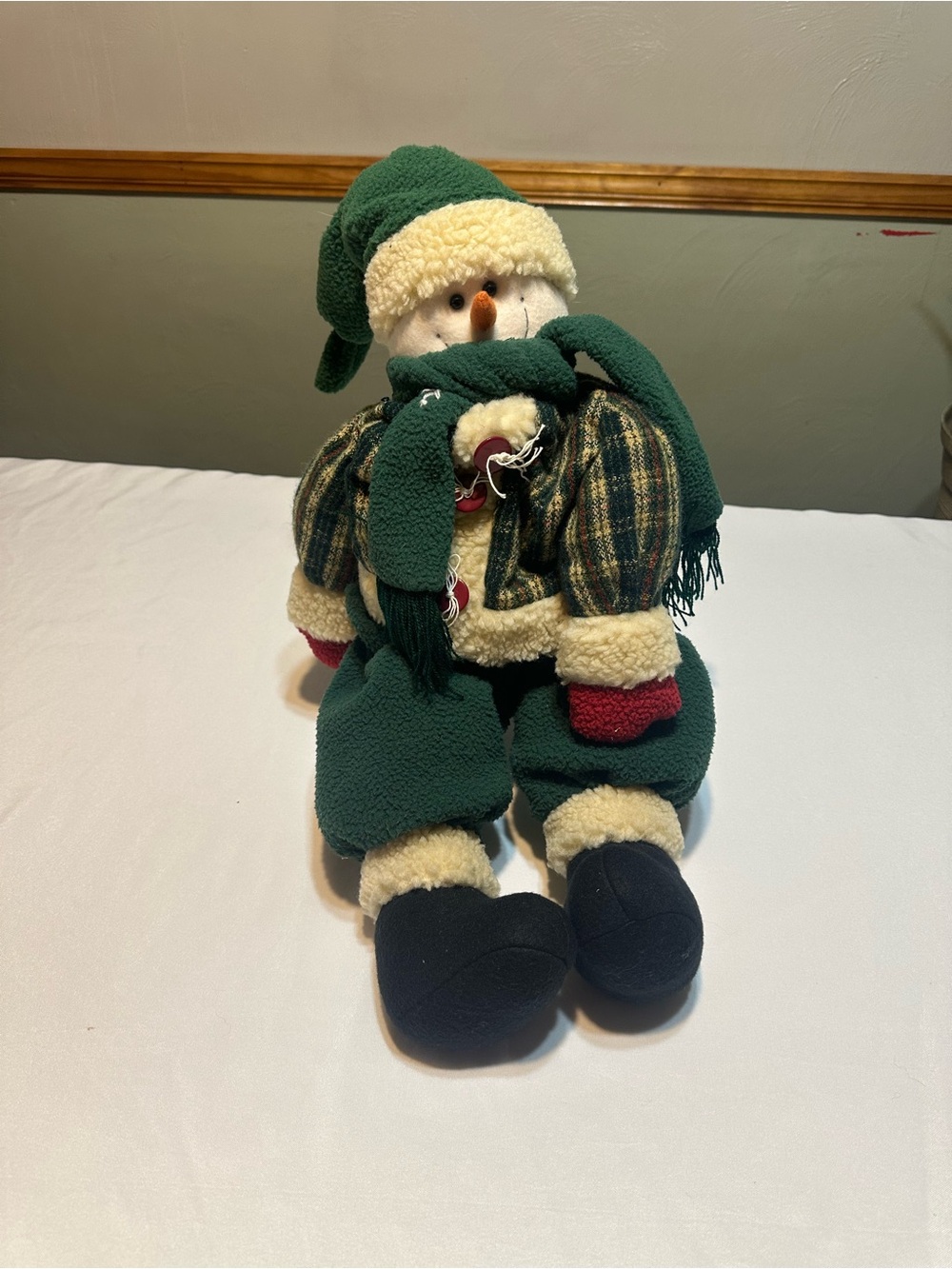 Festive Plush Snowman Décor in Green and Cream
